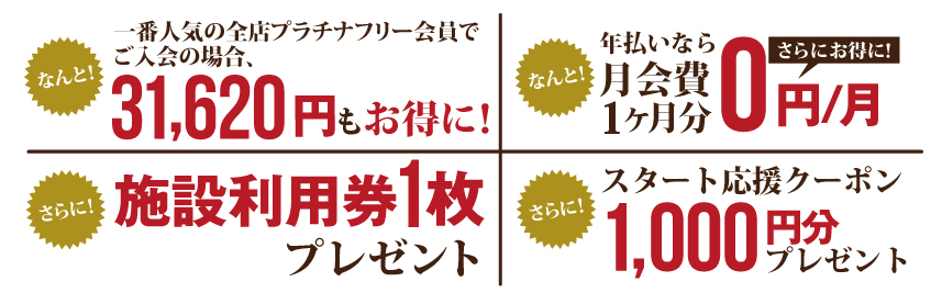 さらに施設利用券1枚プレゼント!スタート応援クーポン1,000円分プレゼント!