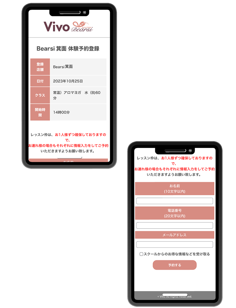 日時と選択したレッスンの確認、メールアドレス等を入力